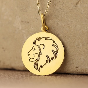 14k Solid Gold Lion Necklace , Personalized Lion Pendant , African Lion Jewelry , Gold Disc Lion King Head,Animal Necklace Lion Pendant,Gift
