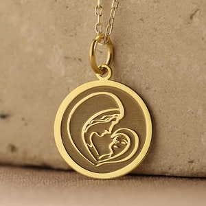 14k Solid Gold Mary and Jesus Necklace ,Virgin Mary , Holy Mother , Greek Orthodox Pendant , Baby Jesus Pendant , Religious Jewelry,Mom Gift