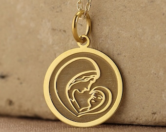 Collar de María y Jesús de oro macizo de 14k, Virgen María, Santa Madre, Colgante ortodoxo griego, Colgante del Niño Jesús, Joyería religiosa, Regalo de mamá