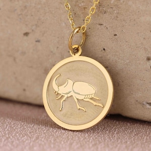14k Solid Gold Rhinoceros Beetle Necklace , Personalized Rhinoceros Beetle Pendant , Egyptian Beetle , Rhinoceros Pendant , Birthday Gift