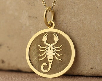 14k Solid Gold Scorpio Necklace , Personalized Scorpio Pendant , Charm Scorpio Disc , Animal Gold Jewelry , Medallion Scorpio Zodiac