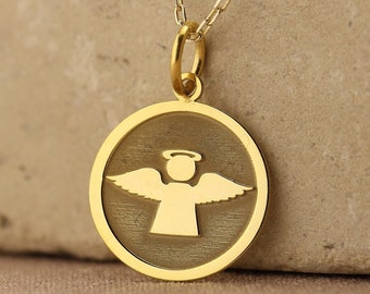 14k Solid Gold Angel Pendant , Gold Cherub Necklace For Her , Angel wing Necklace , Gift for Her , Minimal Everyday Jewelry , Angel Pendant