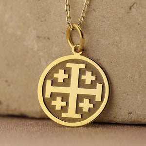 14k Solid Gold Jerusalem Cross Necklace , Cross Gold , Personalized Cross Gold Coin Necklace For Protection , Orthodox Jewelry , Mom  gift