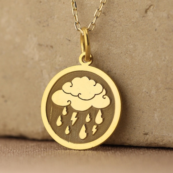 14k Solid Gold  Cloud Necklace , Tiny Gold Cloud Necklace , Lightning Pendant , Delicate Cloud Pendant , Simple Gold Necklace ,Woman gift