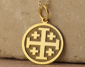 14k Solid Gold Jerusalem Cross Necklace , Cross Gold , Personalized Cross Gold Coin Necklace For Protection , Orthodox Jewelry , Mom  gift