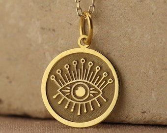 14k Solid Gold Evil Eye Necklace , Gold Evil Eye Disc Jewelry , Personalized Evil Eye Charm , Protection Eye Pendant ,Good Luck Eye Necklace