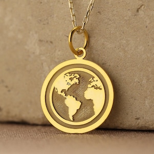 14k Solid Gold Earth Necklace , Dainty World Map Necklace , Traveler Pendant Gold Coin Globe Necklace , Gold Disc WanderLust Necklace