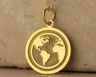 14k Solid Gold Earth Necklace , Dainty World Map Necklace , Traveler Pendant Gold Coin Globe Necklace , Gold Disc WanderLust Necklace