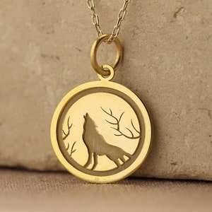 14k Solid Gold Wolf Necklace , Personalized Howling Wolf Pendant , Wolf Coin , Animal Jewelry , Wolf Custom Necklace , Wolf Charm Pendant