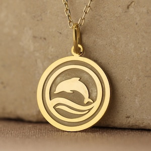 Collar de delfines de oro macizo de 14 k, colgante de delfines de peces dorados, colgante de delfines personalizado, joyería delicada de delfines, collar de disco de delfines