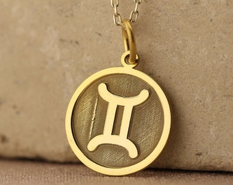 14k Solid Gold Gemini Necklace , Zodiac Gemini Gold Pendant , Gemini Necklace Gold Pendant , Valentines Day Gift , Mothers Day Gift
