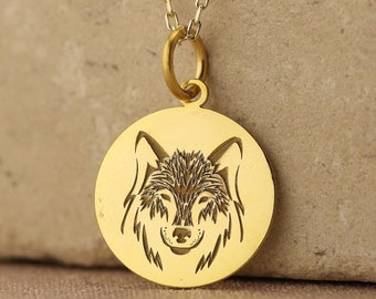 Colar de lobo em ouro maciço 14k, pingente de lobo personalizado, colar de moeda de lobo, joias de animais, colar personalizado de lobo, pingente de pingente de lobo