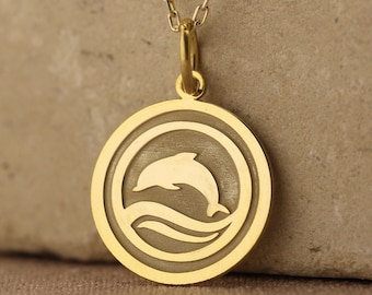14k Solid Gold Dolphins Necklace , Gold Fish Dolphins Pendant , Personalized Dolphins Pendant ,Dainty Dolphins Jewelry,Dolphin Disc Necklace