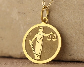 14k Solid Gold Lady Justice Necklace , Personalized Lady Justice Pendant , Scale of Justice Necklace , Lawyer Necklace Charm , Woman gift