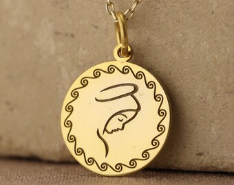 Collar de la Virgen María de oro macizo de 14k, colgante religioso personalizado de la madre María, colgante ortodoxo cristiano, collar de bautizo, regalo de mamá