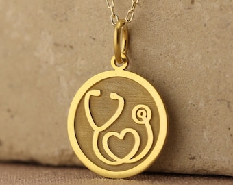 14k Solid Gold Medicine Necklace , Personalized Heart Doctor Pendant , Nurse Pendant , Dainty Stethoscope Jewelry ,Medical Student Gift