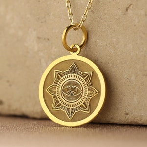 14k Solid Gold Evil Eye Necklace, Gold Evil Eye Disc Jewelry, Personalized Evil Eye Charm, Protection Eye Pendant, Good Luck Eye Necklace
