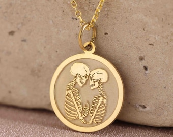 Skull Lovers Silver Necklace, 14K Gold Plated Skull Lovers Pendant Jewelry Gift for Wife Girlfriend Mom, Gothic Romantic Mom Women Gift
