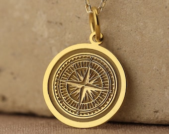 14k Solid Gold Compass Necklace , Compass Jewelry , Compass Gift , Compass Charm, Personalized Compass , Custom pendant, Traveler Gift