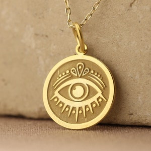 14k Solid Gold Evil Eye Necklace, Gold Evil Eye Disc Jewelry, Personalized Evil Eye Charm, Protection Eye Pendant, Good Luck Eye Necklace