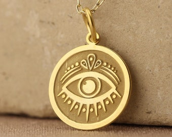 14k Solid Gold Evil Eye Necklace , Gold Evil Eye Disc Jewelry , Personalized Evil Eye Charm , Protection Eye Pendant ,Good Luck Eye Necklace