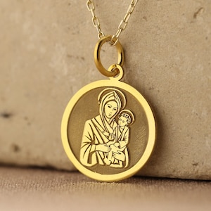 14k Solid Gold Mary and Jesus Necklace ,Virgin Mary , Holy Mother , Greek Orthodox Pendant , Baby Jesus Pendant , Religious Jewelry,Mom Gift