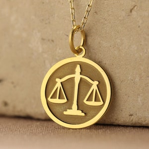 14k Solid Gold Scale of Justice Necklace, Personalized Scale of Justice Pendant, Lawyer Necklace Charm, Dainty Libra Scales Disc ,Woman gift