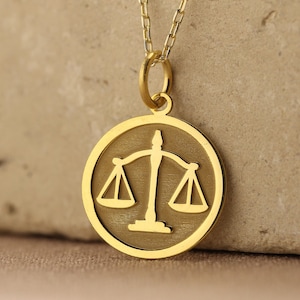 14k Solid Gold Scale of Justice Necklace, Personalized Scale of Justice Pendant, Lawyer Necklace Charm, Dainty Libra Scales Disc ,Woman gift