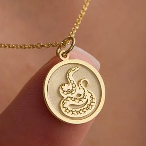 Op de afbeelding: Een goudkleurige hangerketting met een gedetailleerd slangenontwerp in een cirkelvormige lijst. De slang is ingewikkeld geëtst en de hanger hangt aan een delicate gouden ketting. De ketting is een sieraad.