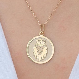 14k Solid Gold Lion Necklace , Personalized King Lion Pendant , King Of The Jungle , Gold Disc Lion King Head,Animal Necklace Lion Pendant