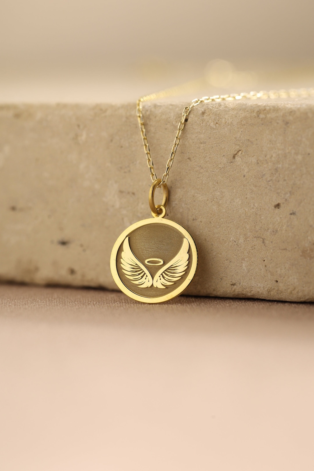 14k Solid Gold Angel Pendant , Gold Cherub Necklace for Her , Angel