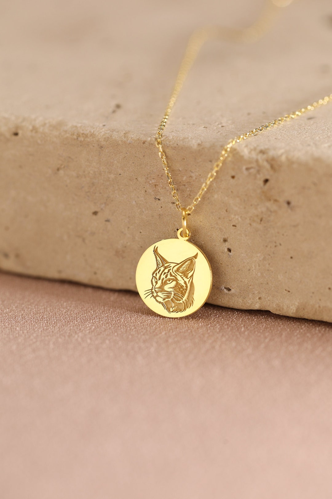 14k Solid Gold Lynx Necklace , Personalized Gold Wild Cat Pendant