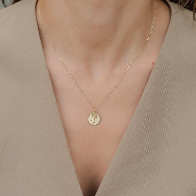 14k Solid Gold Carnation Flower Necklace, Personalized Carnation Flower