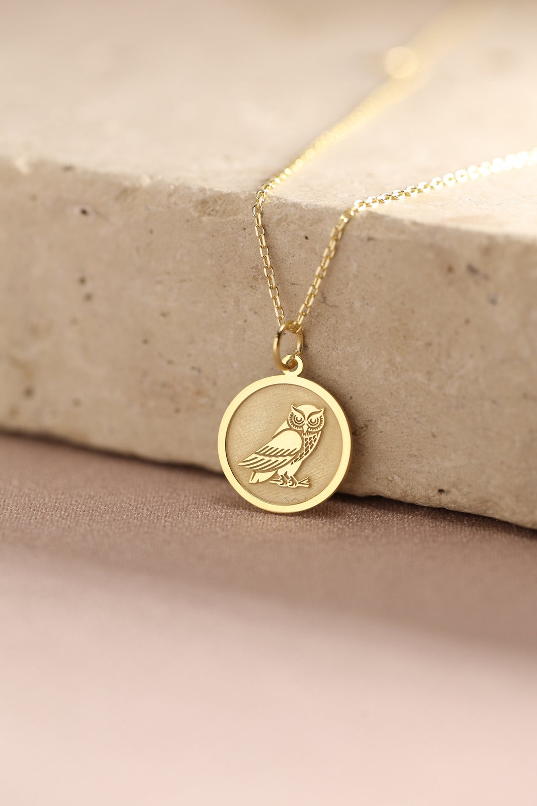 14k Solid Gold Owl Necklace , Personalized Owl Pendant , Bird Owl