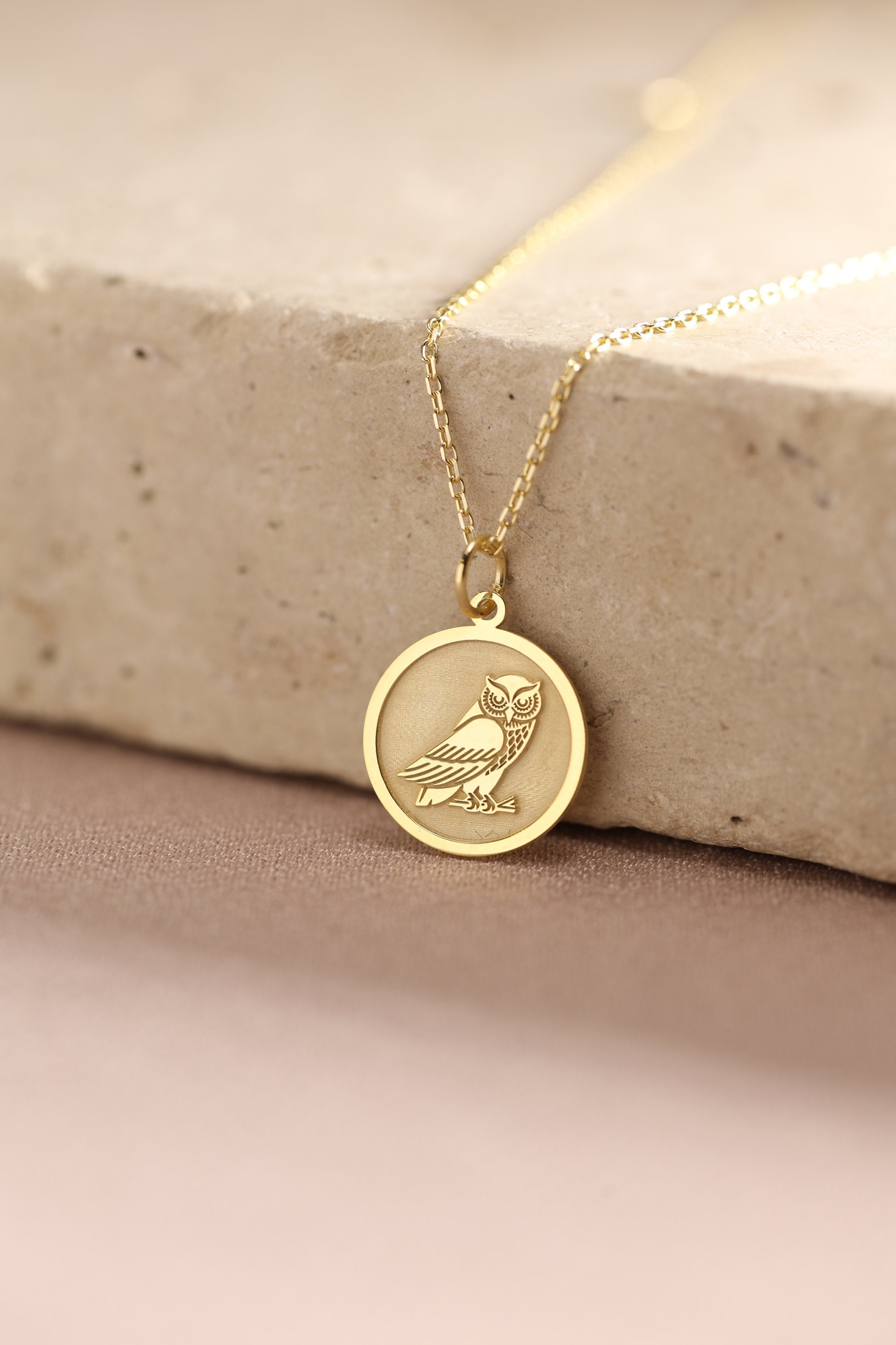 14k Solid Gold Owl Necklace , Personalized Owl Pendant , Bird Owl Pendant , Animal Necklace , 14k Re