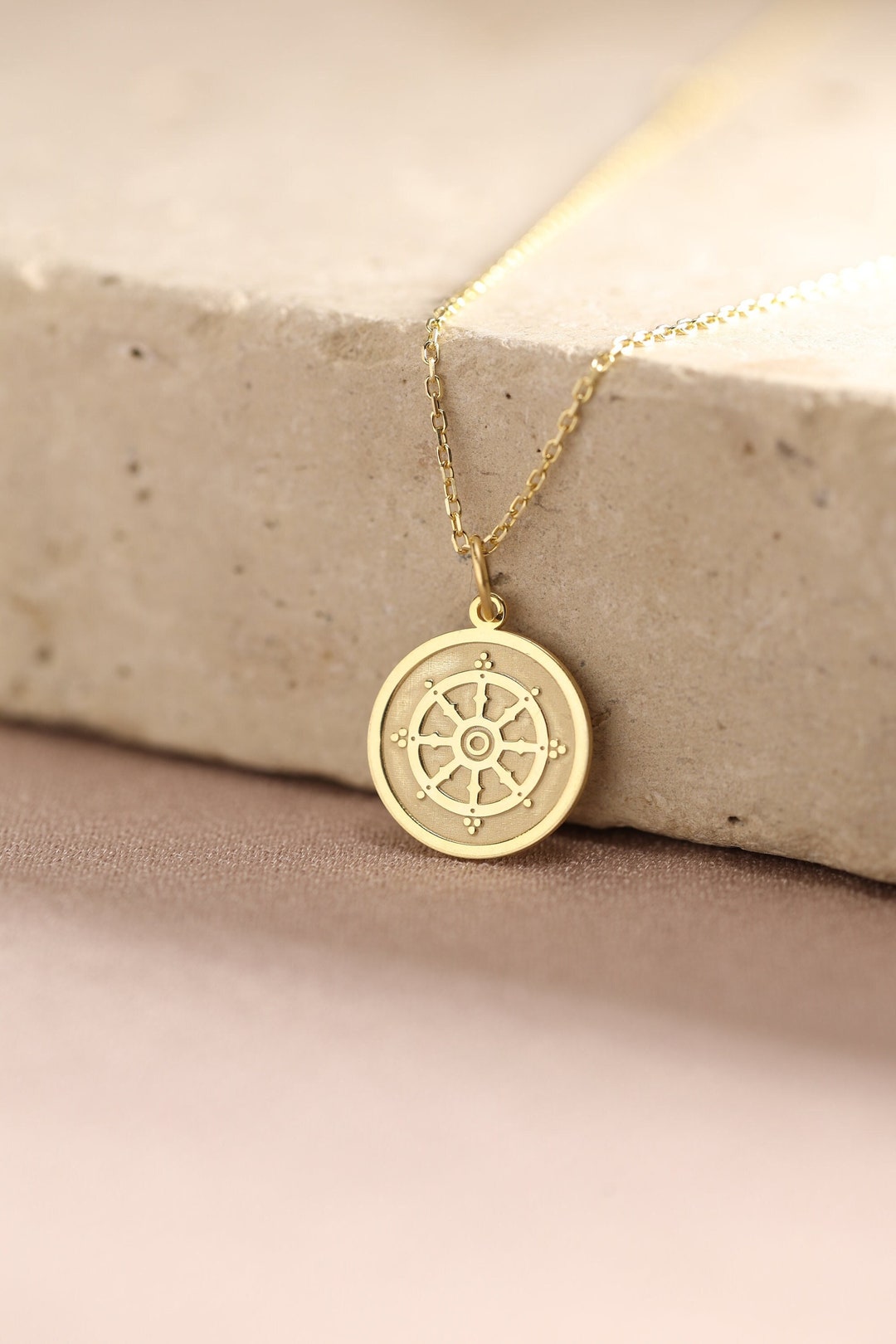 14k Solid Gold Dharma Wheel Necklace , Personalized Coin Necklace