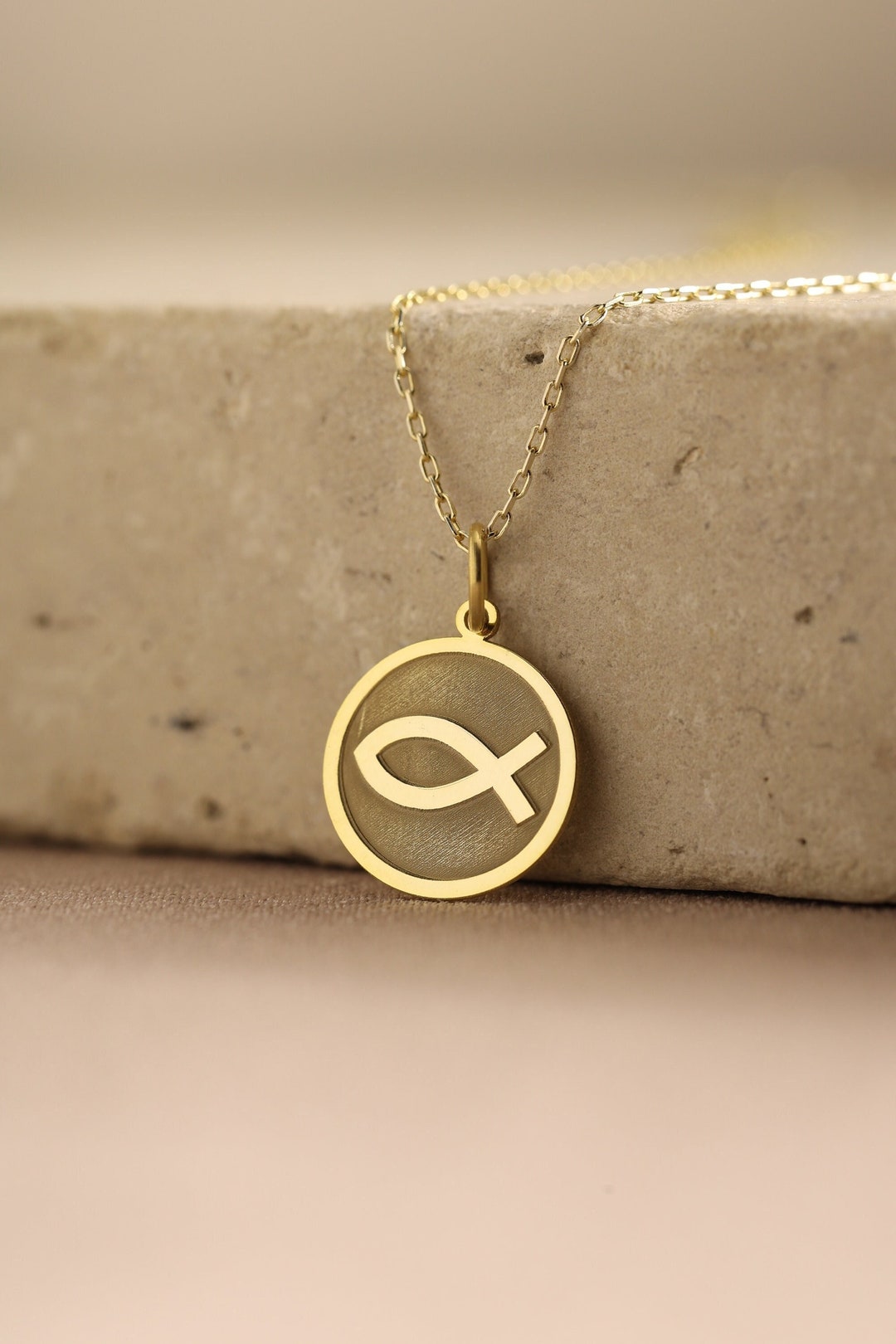 14k Solid Gold İchthus Necklace , Gold Fish Pendant , Ichthys Christian