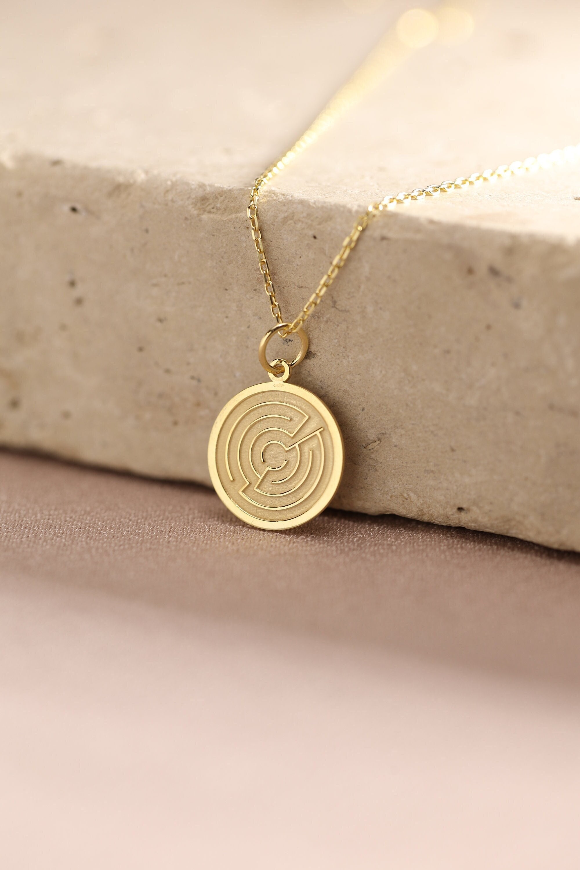 Labyrinth Charm 14k Solid Gold Maze Necklace , Pesronalized Labyrinth Pendant , Dainty ...