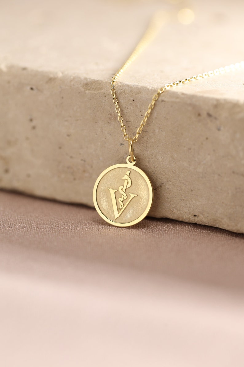 14k Solid Gold Veterinarian Symbol Necklace, Personalized Veterinarian Symbol Pendant, Id Animal Pendant,Veterinarian Gift Necklace,Vet Gift image 1