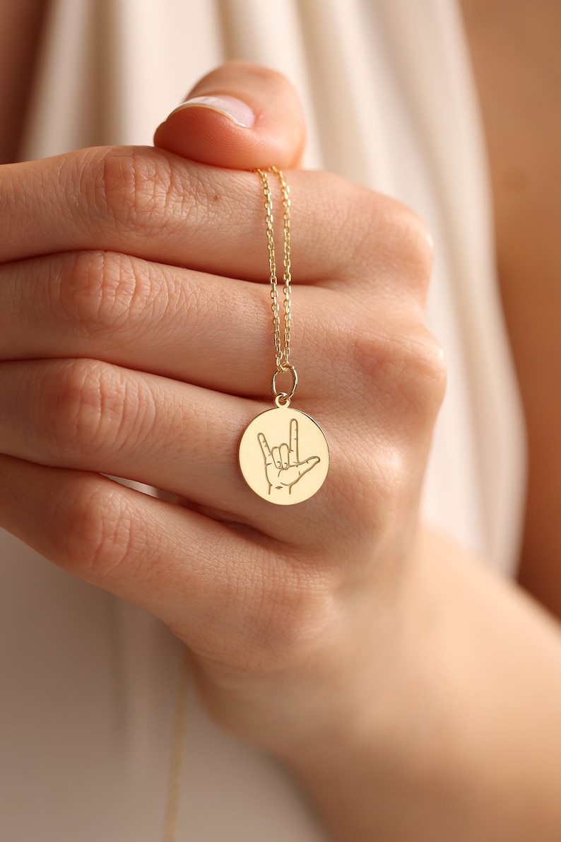 14k Solid Gold ASL Sign Language Necklace , I Love You ASL Sign ...