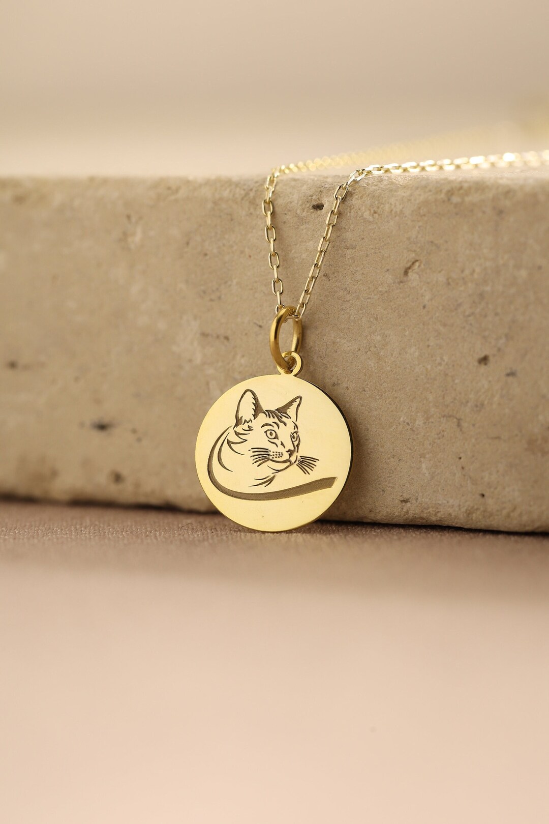 14k Solid Gold Cat Necklace , Personalized Gold Cat Pendant , Dainty