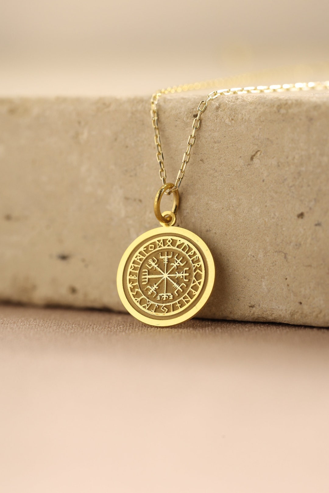 14k Solid Gold Viking Compass Necklace , Personalized Viking Compass Pendant , Vegvisir Pendant