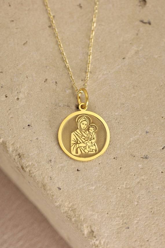 14k Solid Gold Mary and Jesus Necklace ,virgin Mary , Holy