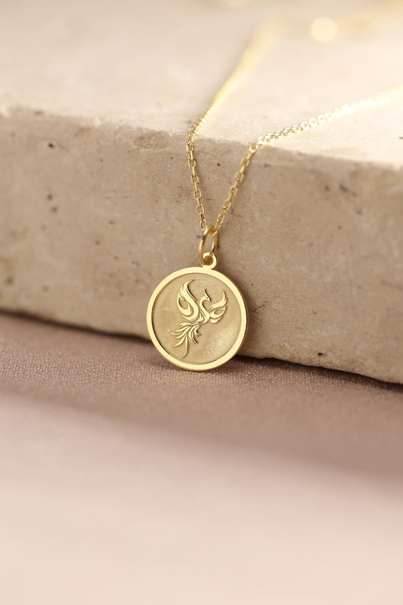 14k Solid Gold Phoenix Necklace , Gold Phoenix Pendant
