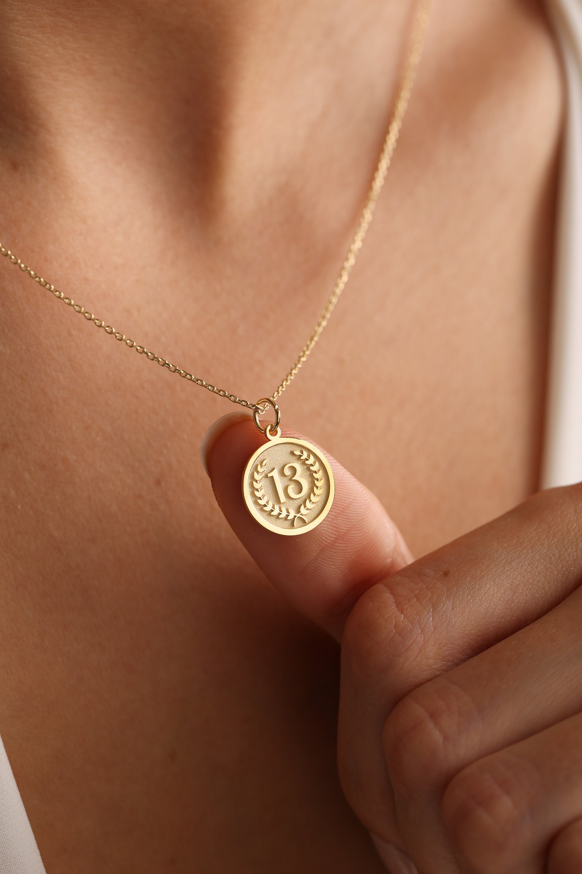 14k Solid Gold Lucky Number 13 Necklace , Personalized Lucky