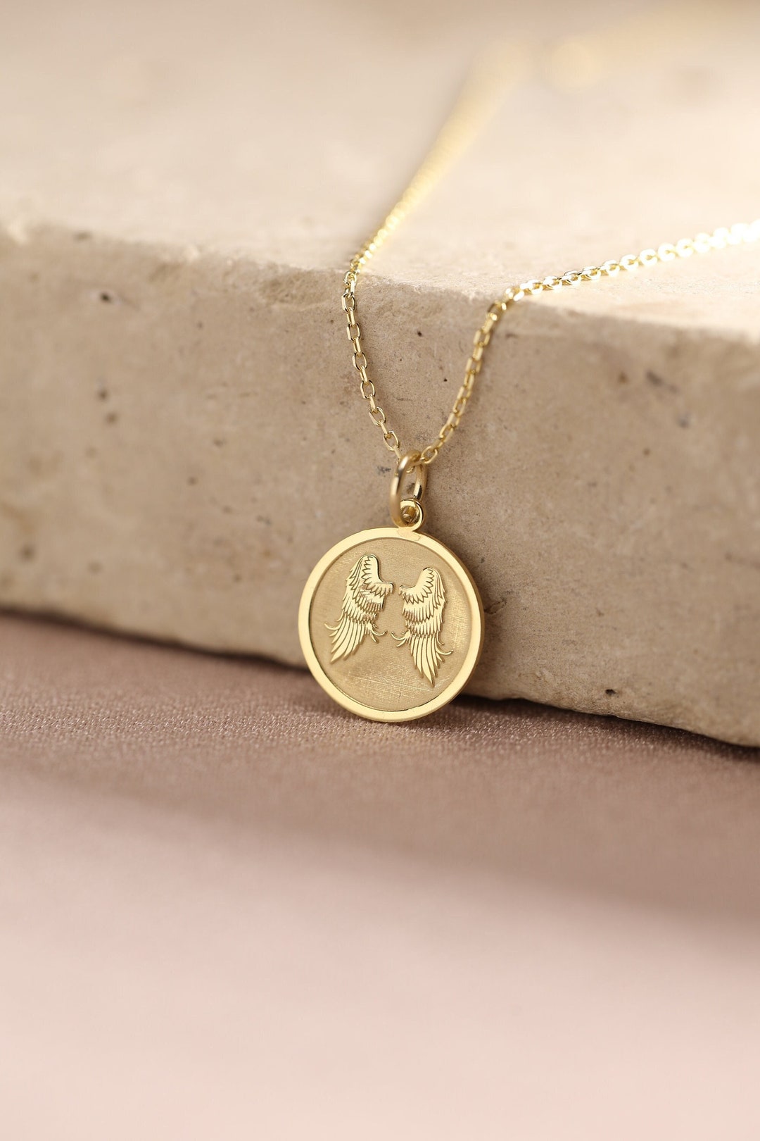 14k Solid Gold Angel Pendant , Gold Cherub Necklace for Her , Angel