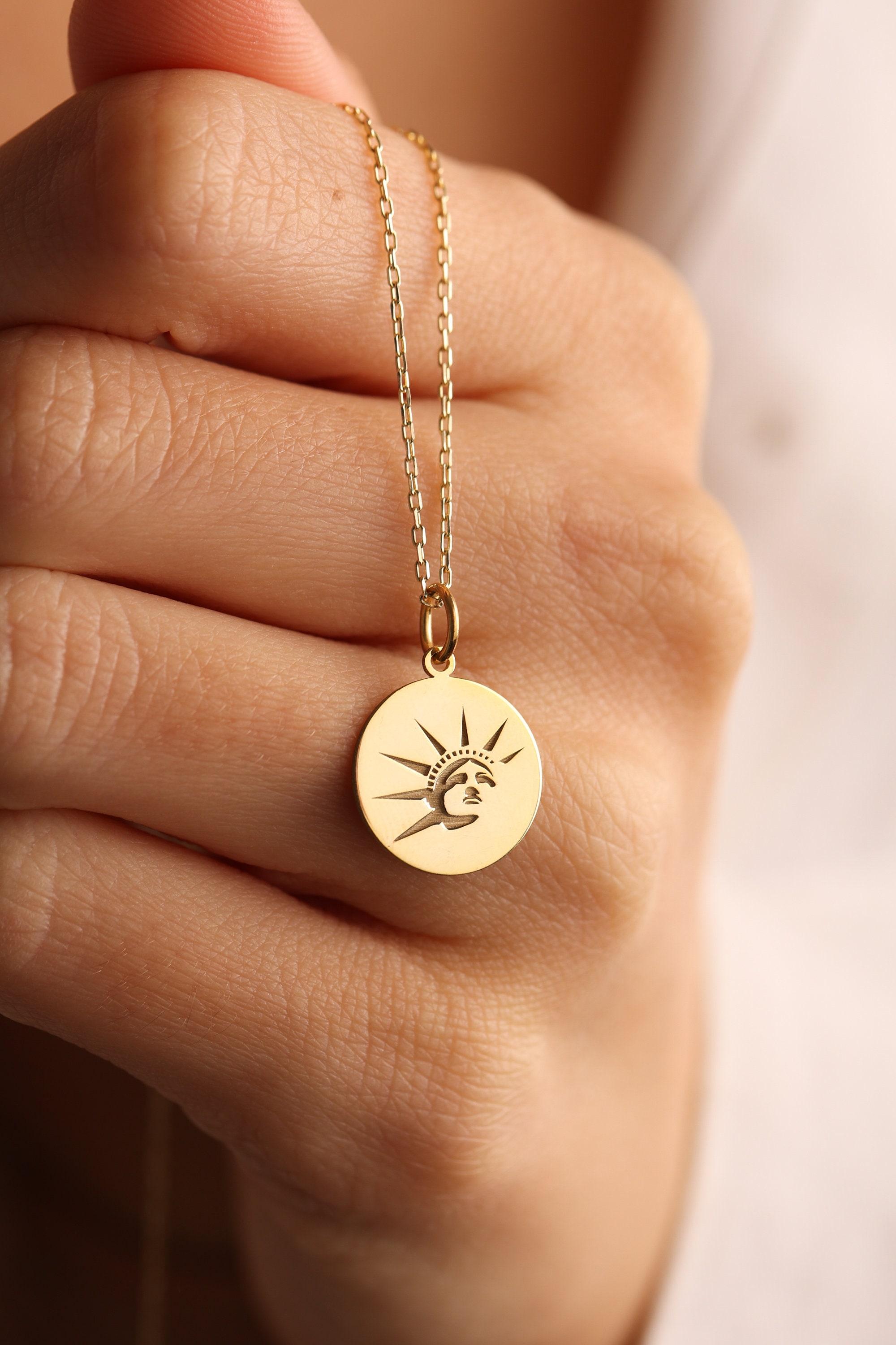 14k Solid Gold Statue of Liberty Necklace , Personalized