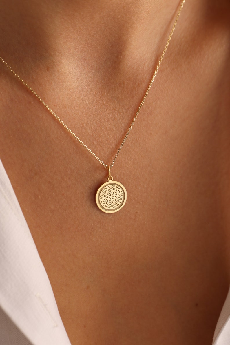 14k Solid Gold Flower Of Life Necklace , Seed of Life Necklace, Personalized Flower Of Life Pendant , Flower Of Life Symbol , Tree Mom Gift image 4