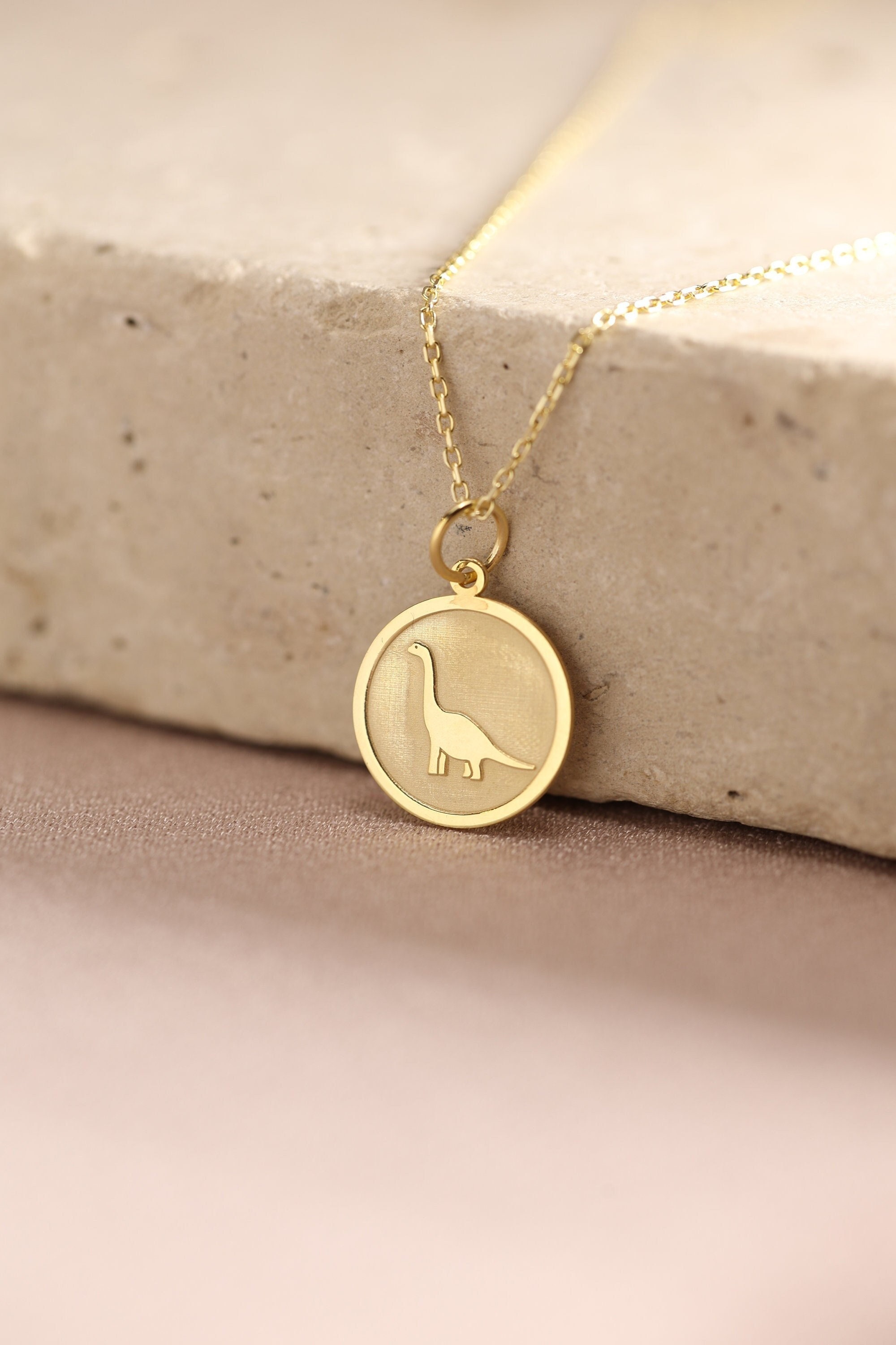14k Solid Gold Dinosaur Necklace , Personalized Dino Pendant