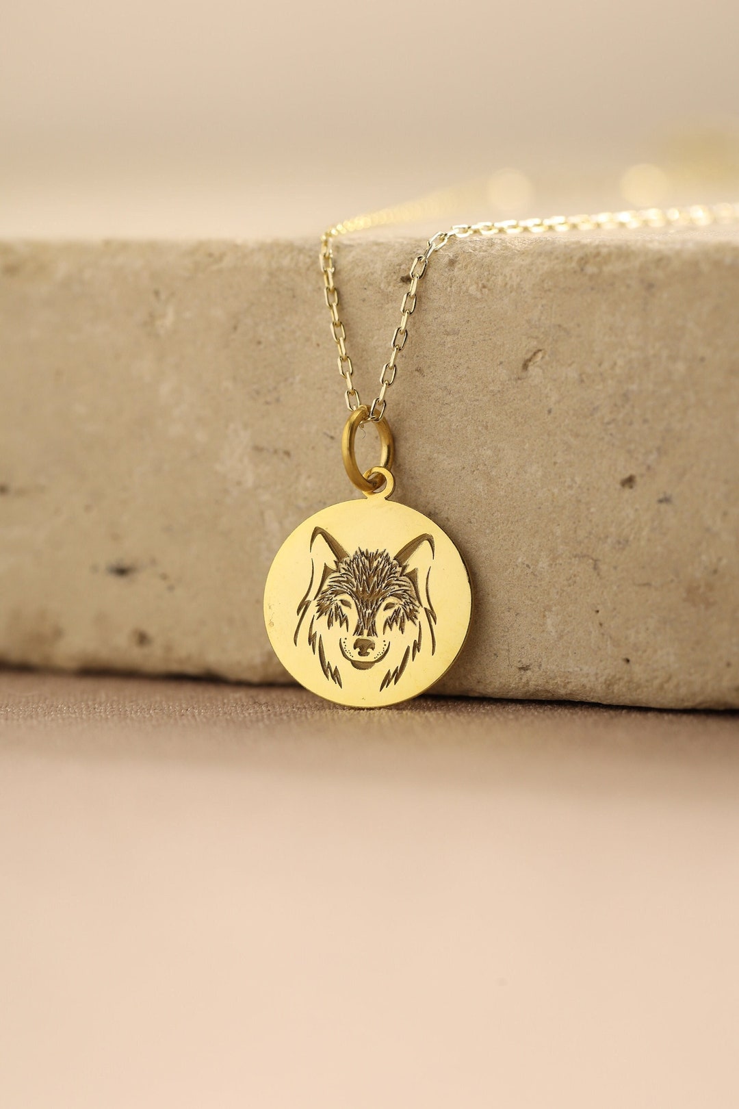 14k Solid Gold Wolf Necklace , Personalized Wolf Pendant , Wolf Coin